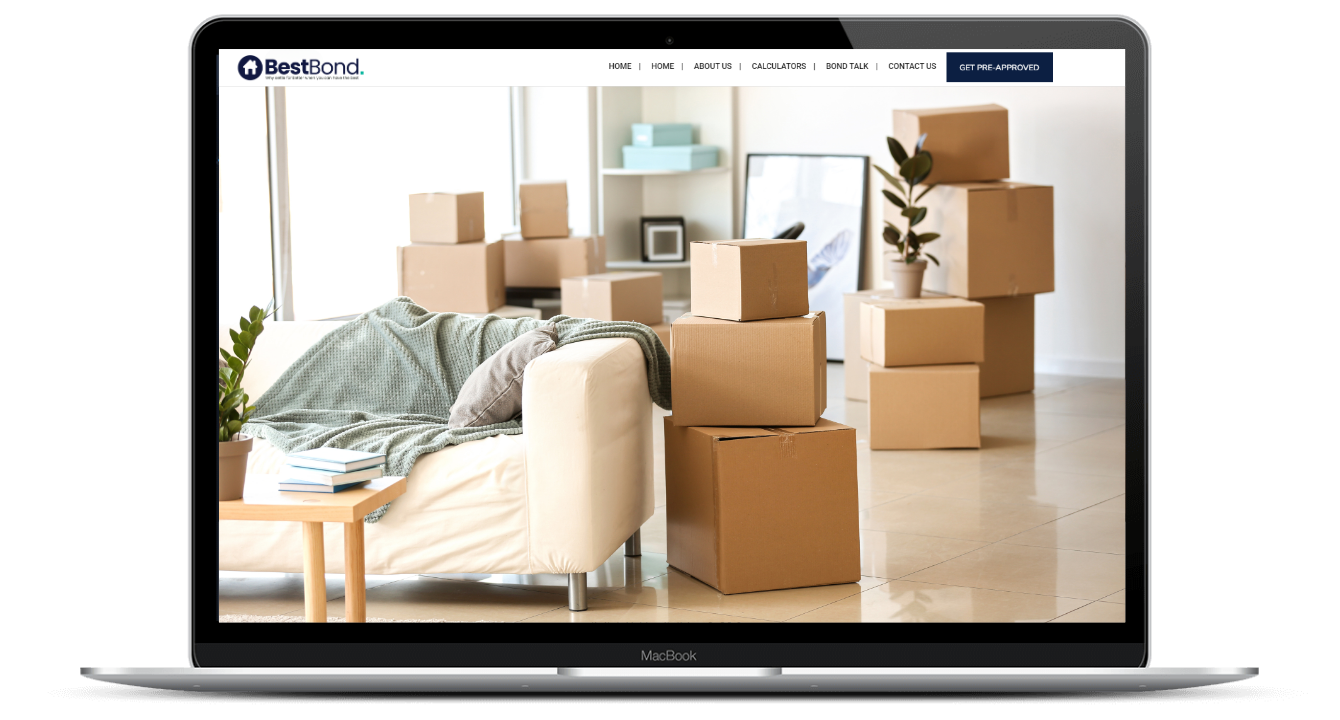 Laptop screen showing moving boxes and couch, symbolising home purchase through BestBond.