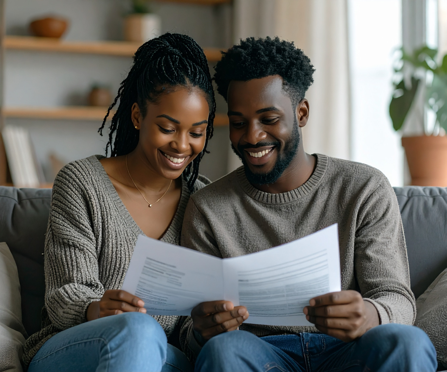 South African couple smiling while reviewing credit documents at home