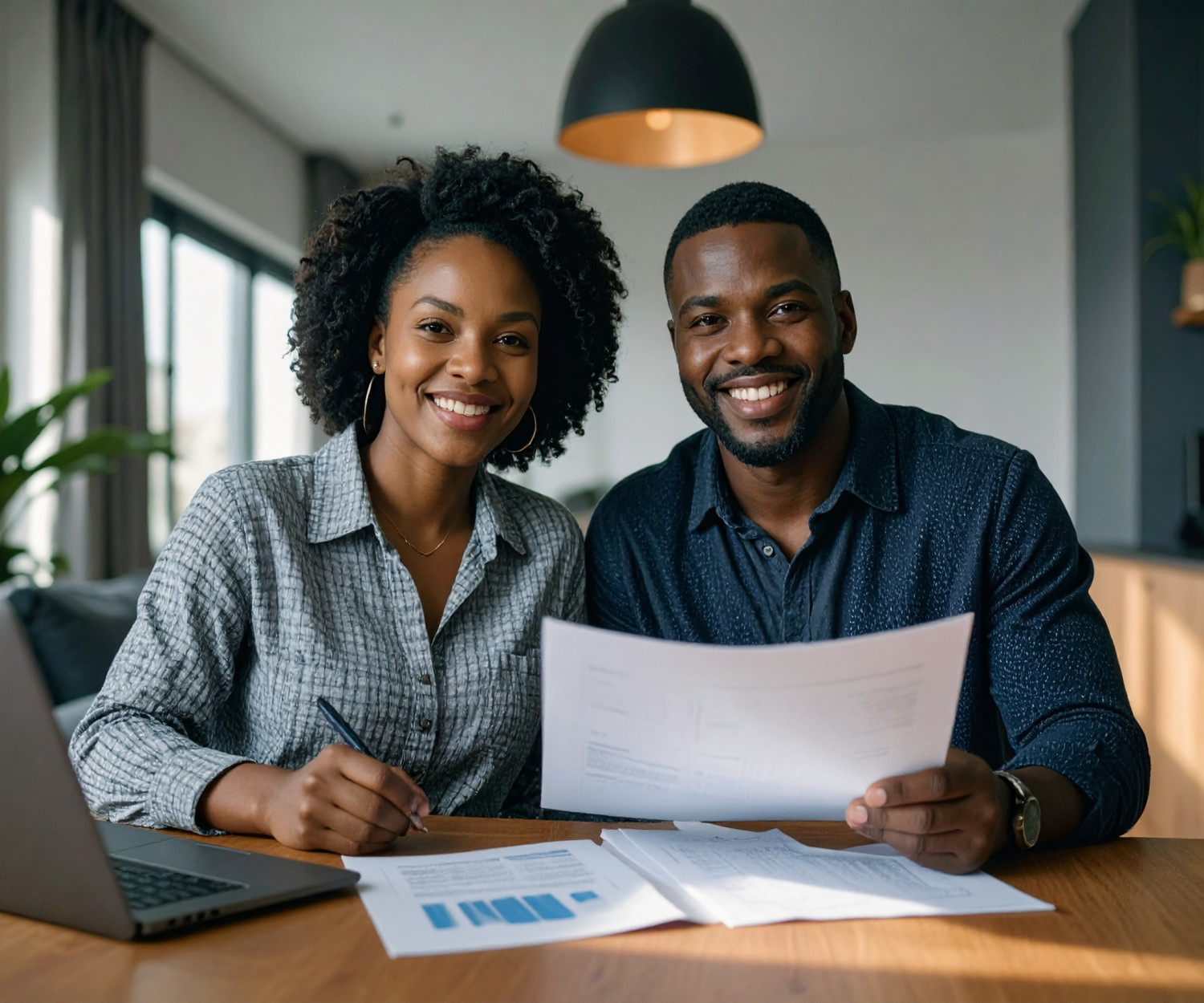 Couple discussing home loan applications in south africa with a bond originator at a modern office.